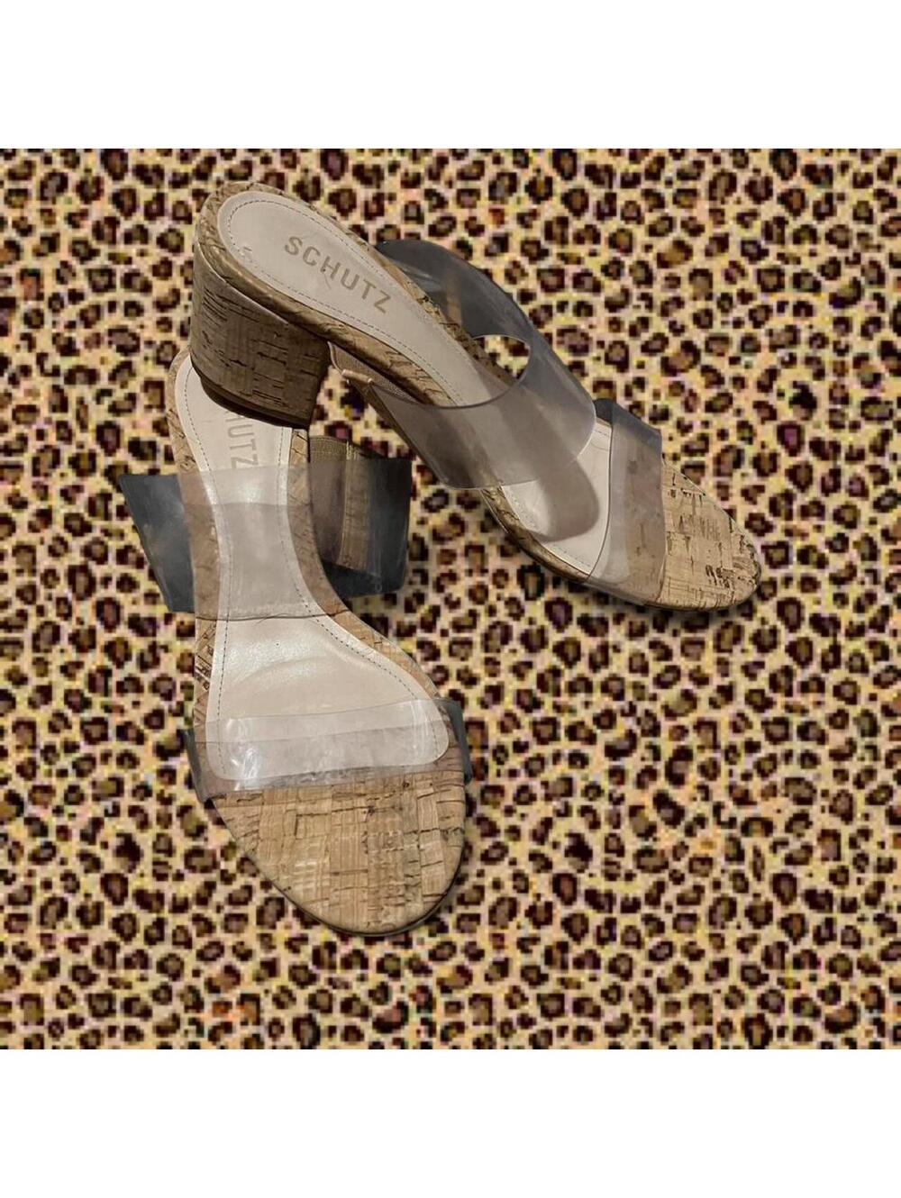 Size 8.5 Schutz Clear Strap Cork Block Heel Sandals
